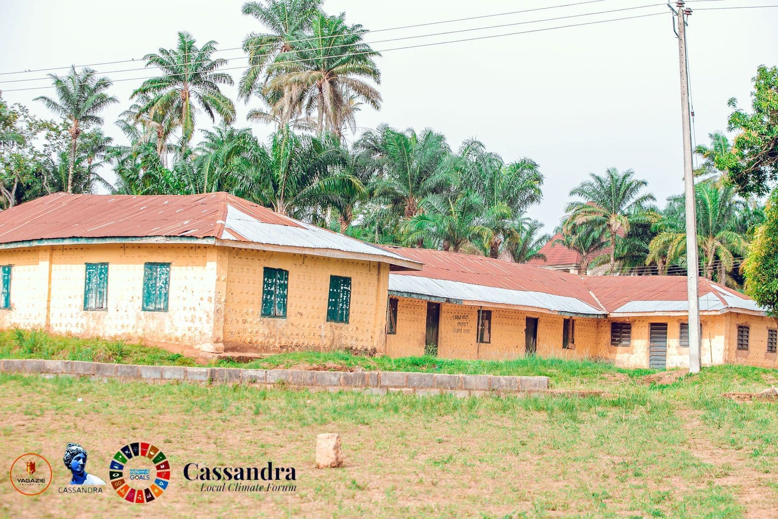 A community school building surrounded by palm trees